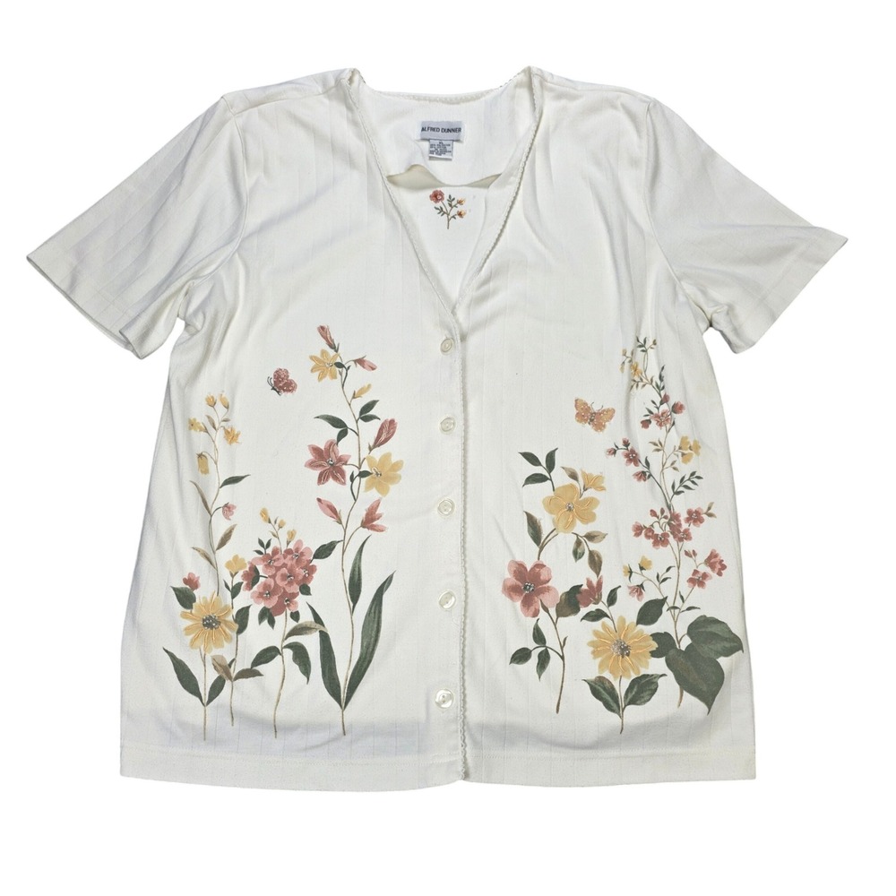 Vintage Alfred Dunner Floral Butterfly Beaded Blouse Women's Size XL Cream